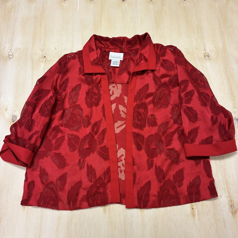 Pride & Joy Jacket Womens Petites 16WP Red Floral Sheer Kimono Chiffon Open